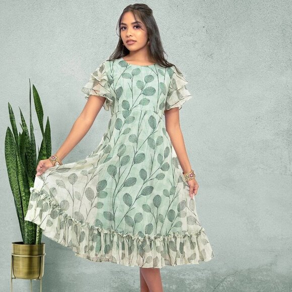 Green and White Printed Dress | Harmony Hues | Muvvas Boutique - Picture 4 of 10